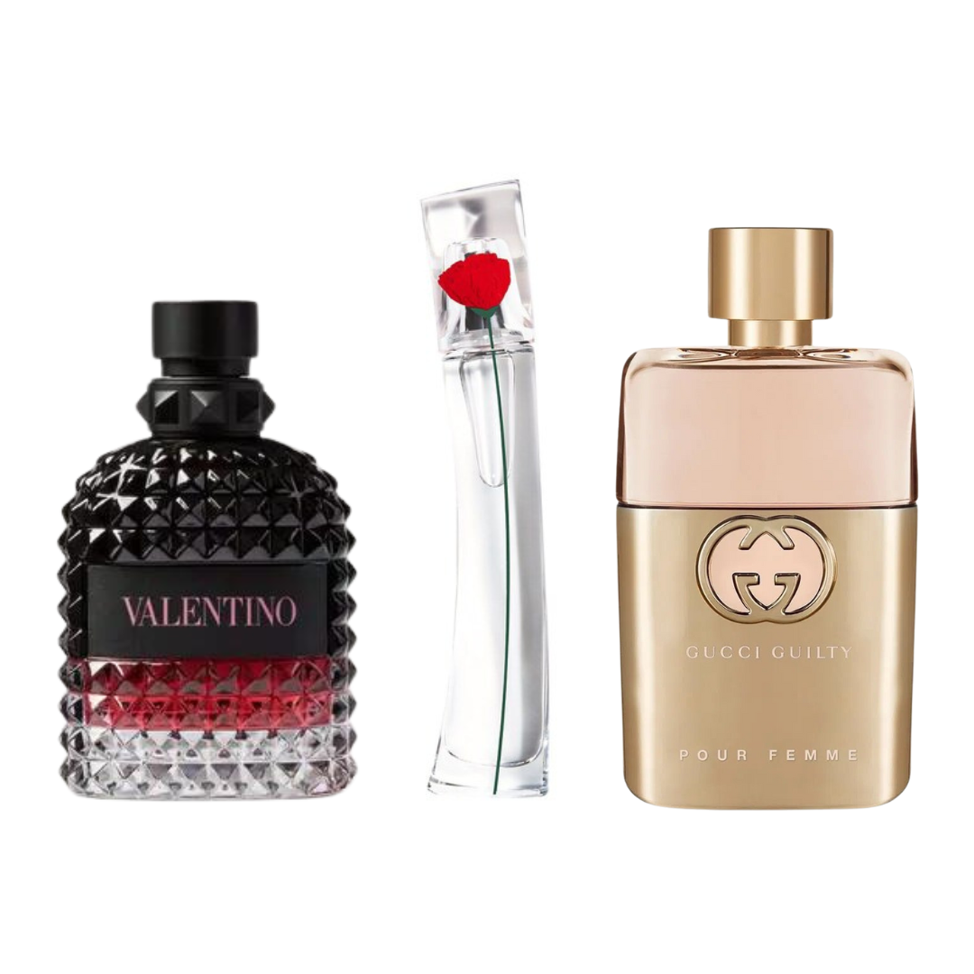 SET DE 3 PERFUMES 3 GUCCI GUILT, VALENTINO INTENSE, FLOWER KENZO 100ML